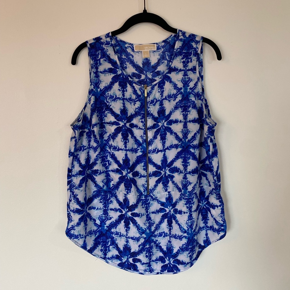 MICHAEL Michael Kors Blue and White Sleeveless Zip-Front Blouse